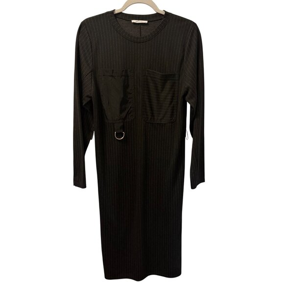 Zara Basic Black Pinstripe Long Sleeve Dress With Pockets Sz S Dress - Picture 8 of 12